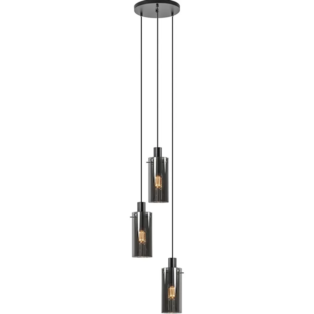 Ronde 3-lichts hanglamp met cilinder smoke glas>Straluma New