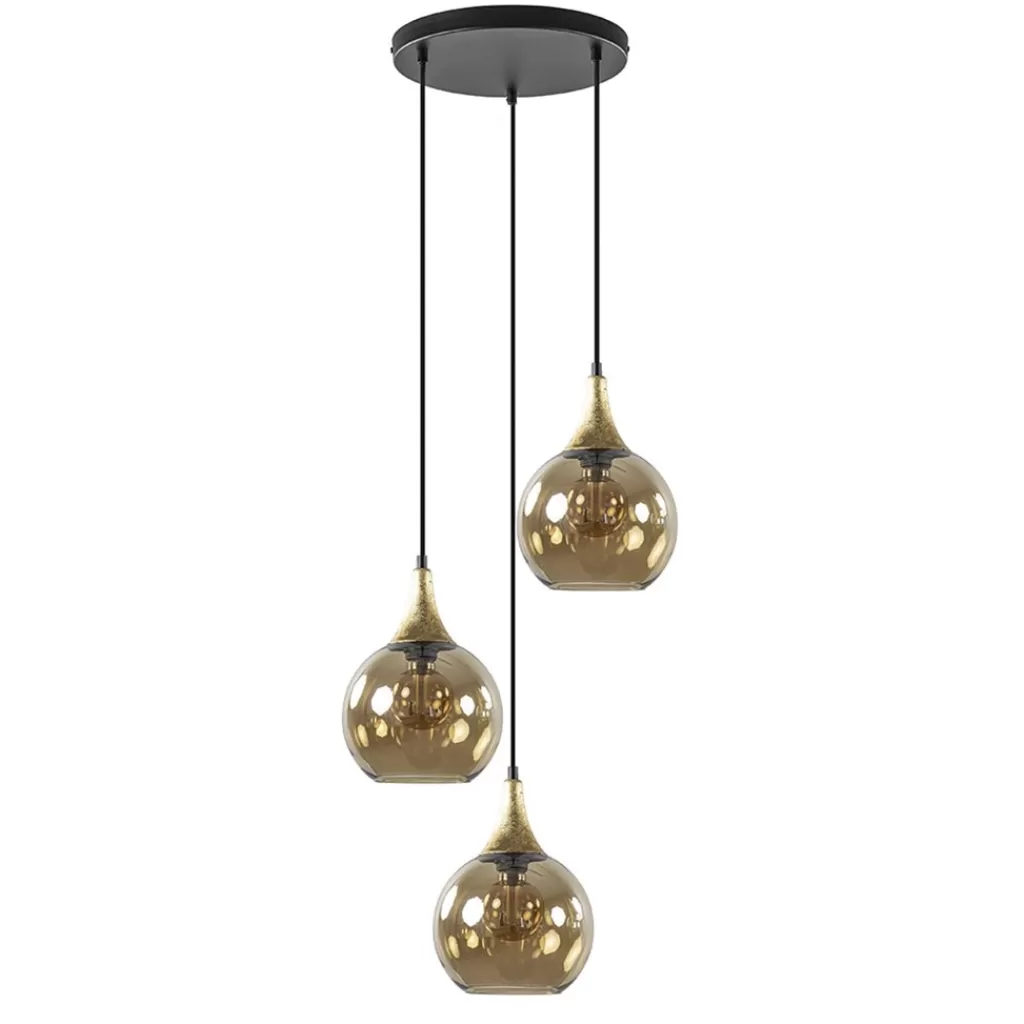 Ronde 3-lichts hanglamp zwart met goud en amber glas>Straluma Cheap