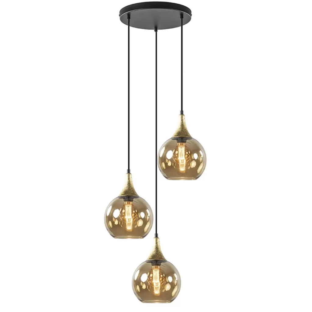 Ronde 3-lichts hanglamp zwart met goud en amber glas>Straluma Cheap