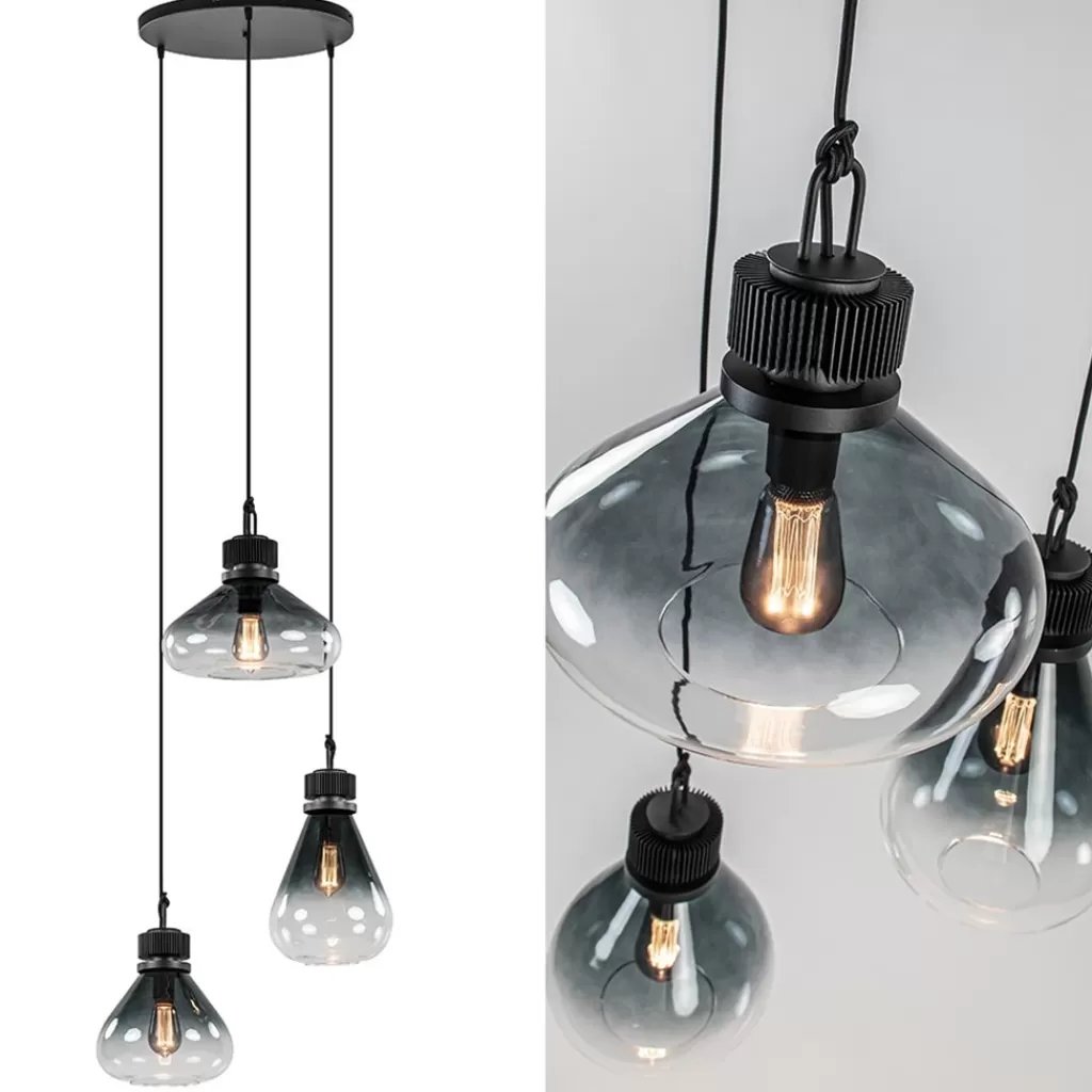 Ronde 3-lichts hanglamp zwart met smoke/helder glas>Straluma Cheap