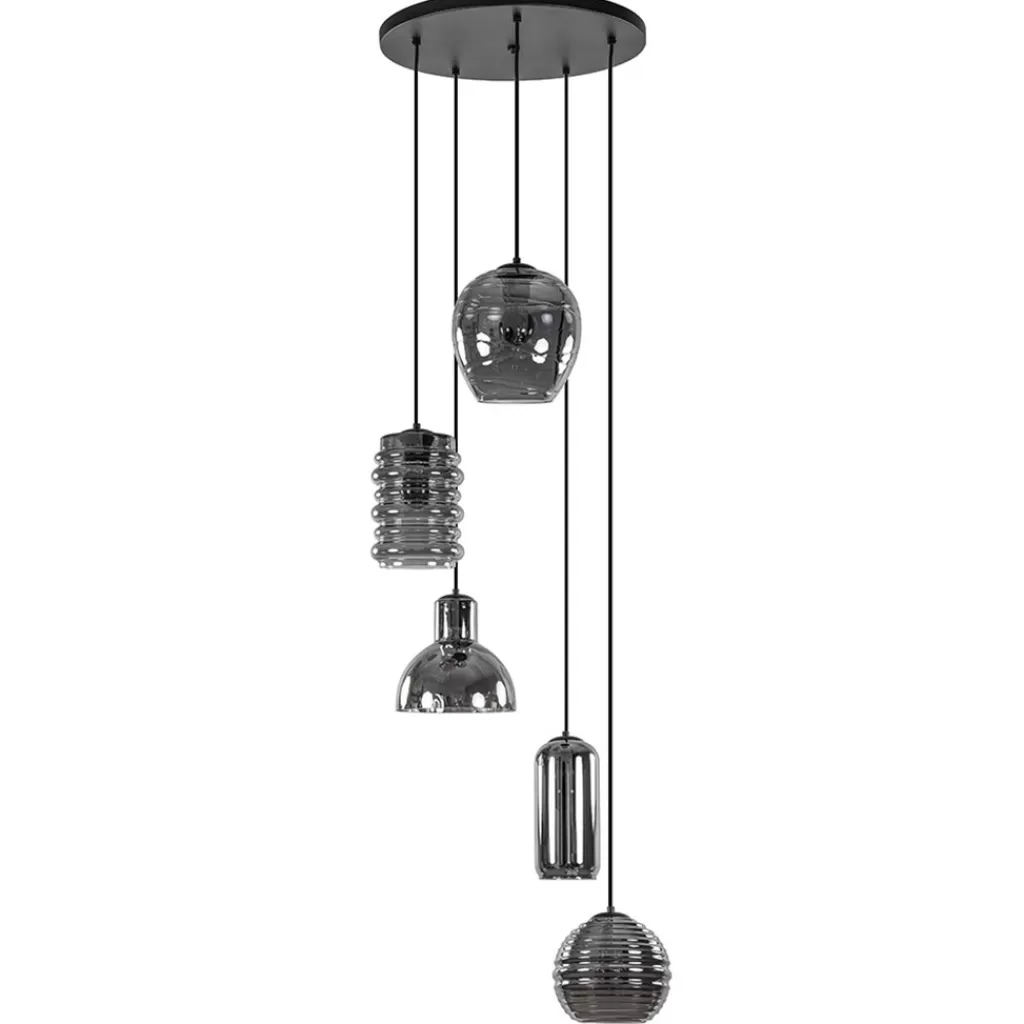 Ronde 5-lichts hanglamp zwart met diverse smoke glazen>Straluma New