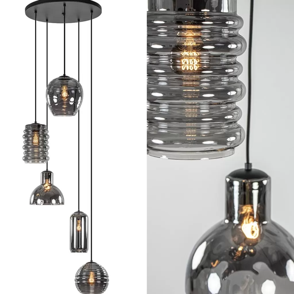 Ronde 5-lichts hanglamp zwart met diverse smoke glazen>Straluma New