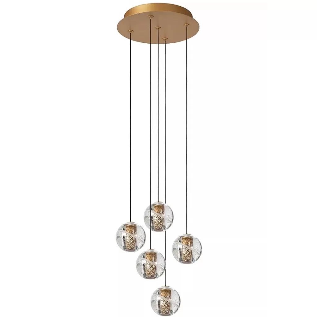 Ronde 5-lichts LED hanglamp goud met helder glas>Straluma Best