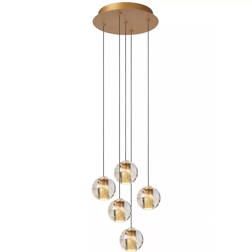 Ronde 5-lichts LED hanglamp goud met helder glas>Straluma Best