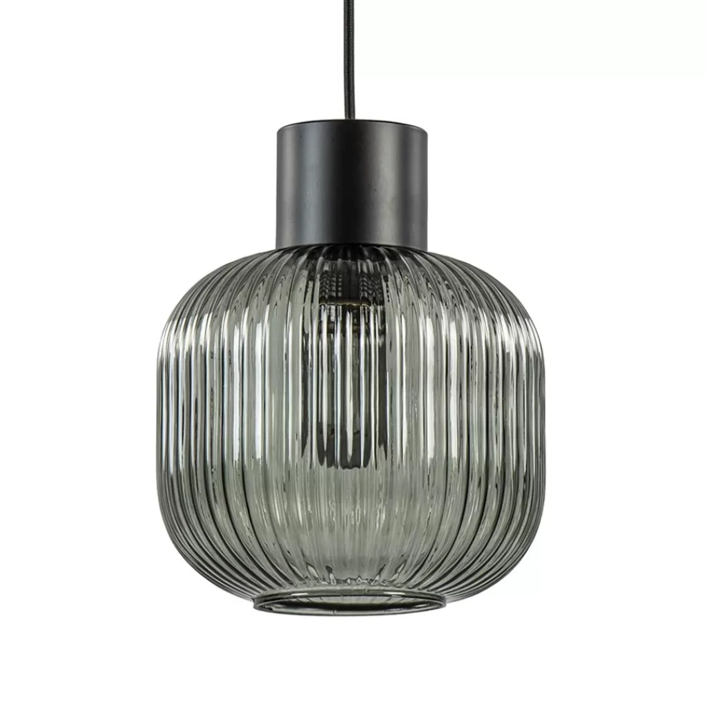 Stijlvolle hanglamp smoke glas geribbeld met zwart>Straluma Shop