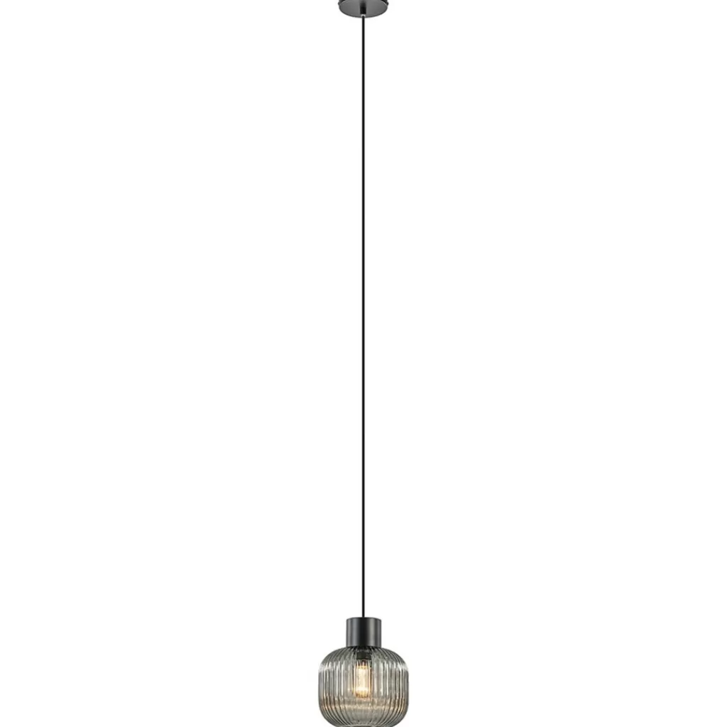 Stijlvolle hanglamp smoke glas geribbeld met zwart>Straluma Shop