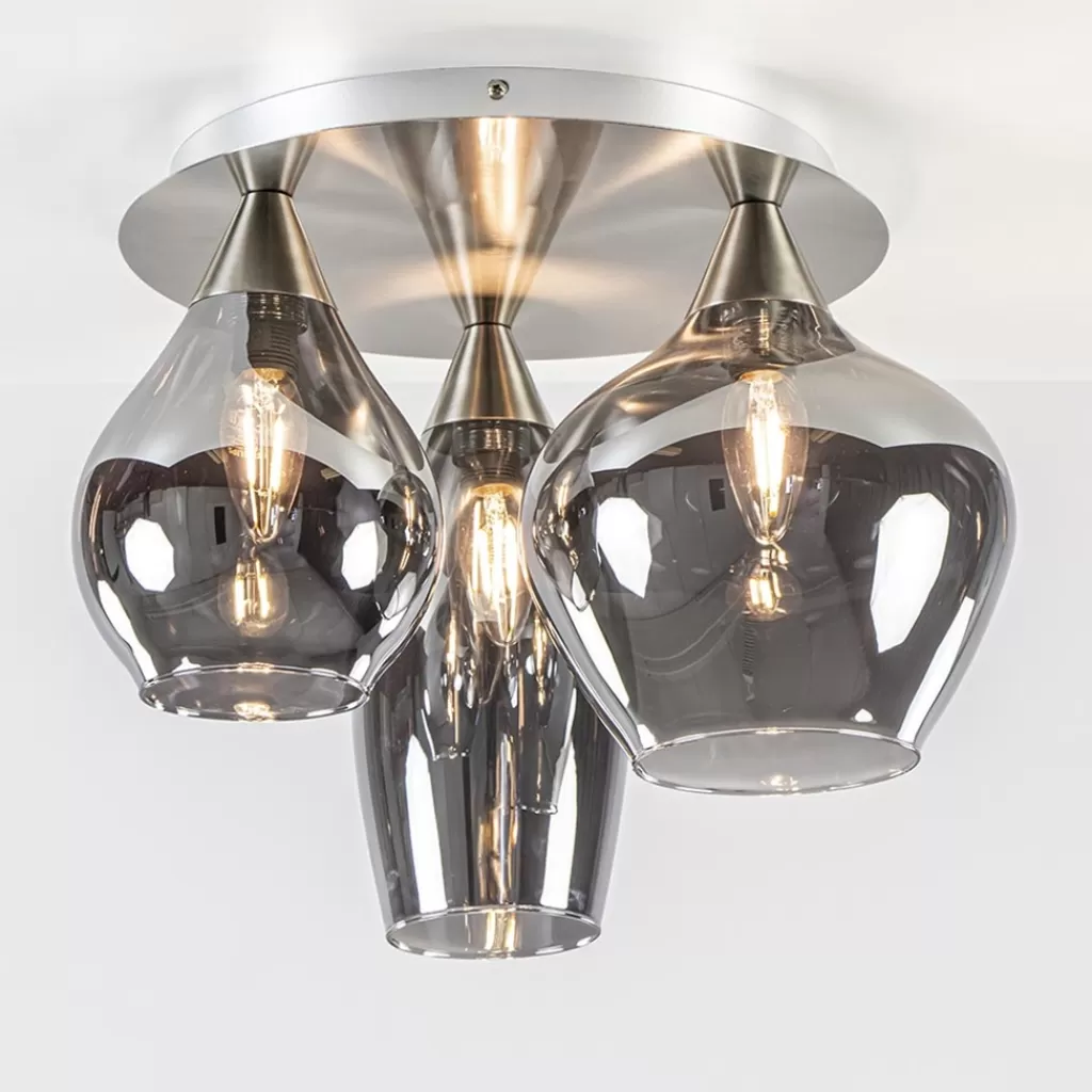 Stijlvolle plafondlamp nikkel mat met smoke glas>Straluma Discount