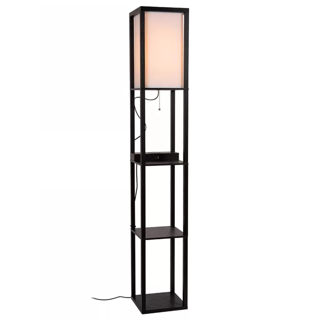 Vierkante vloerlamp zwart met beige kap en oplaadplatform>Straluma Clearance