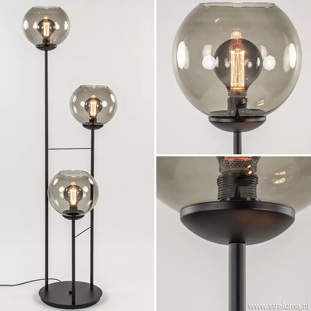 Vloerlamp 3-L zwart met bolglas smoke>Straluma Store