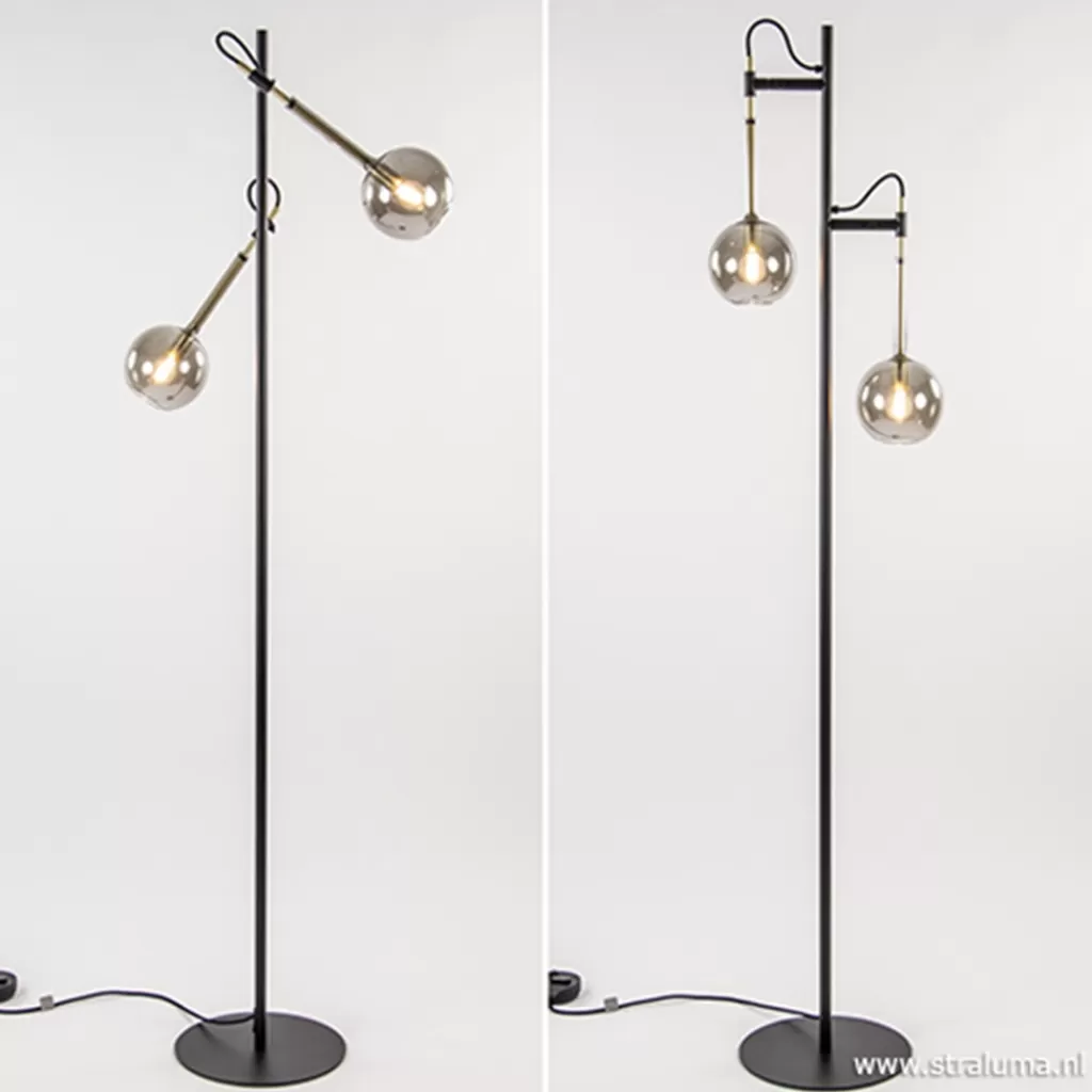 Vloerlamp Globe 2-L zwart/goud smokeglas>Straluma Cheap