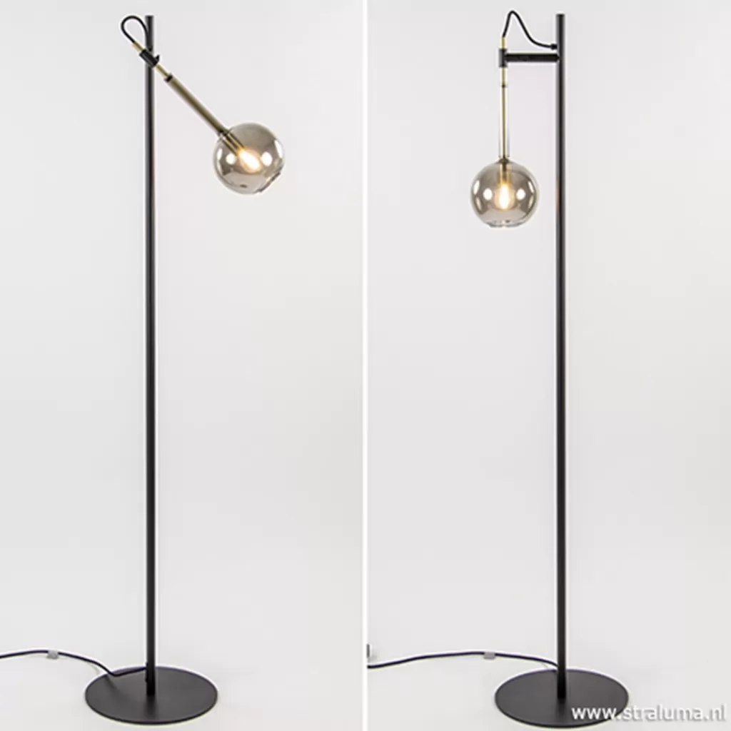 Zwart/messing vloerlamp met smoke glas>Straluma Online